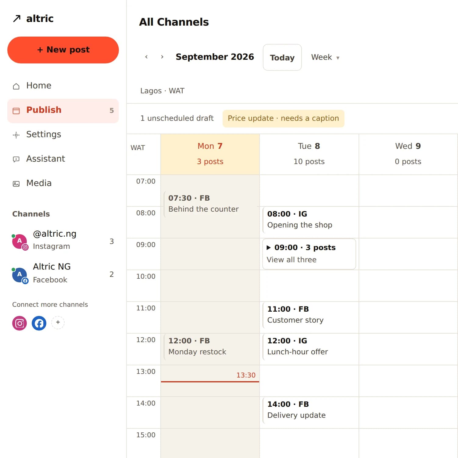 The current Altric calendar prototype showing posts scheduled across a week.
